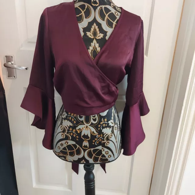 RIVER ISLAND Dark Red Satin Wrap Frill Sleeve Crop Top - UK 12  NEW WITH TAGS