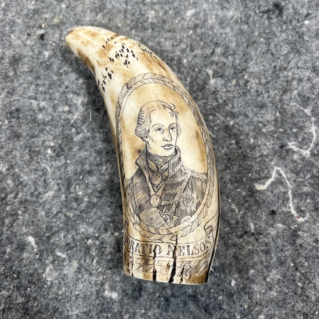 Faux Whale Tooth Scrimshaw Vice-Admiral Horatio Nelson & HMS Victory Replica