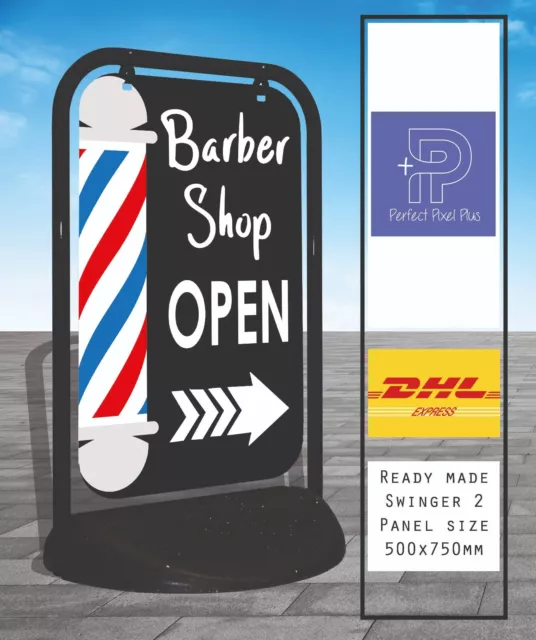 Barber Shop Open (arrow) Pavement Sign 2000 Advertising Shop A-Board Swinger 2