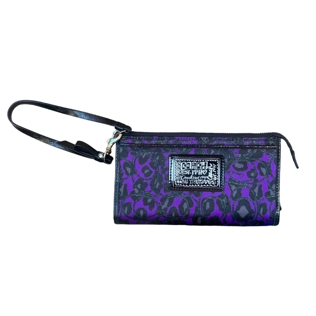 Coach Poppy Daisy Ocelot Wristlet Wallet Pouch Black Purple Graffiti