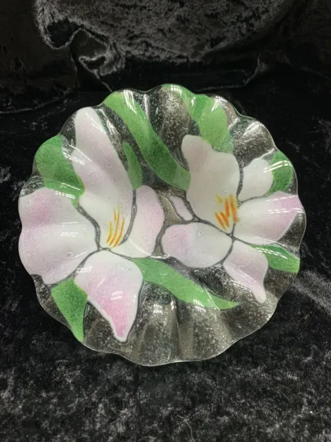 Sydenstricker Fused Art Glass Floral Pink Iris Bowl Ruffled Edges Signed