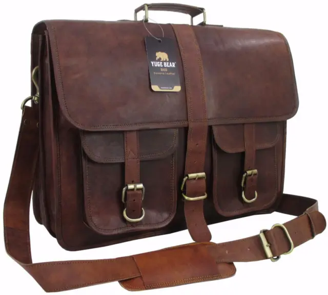 18" B2P XL YUGE BEAR Mens Vtg Genuine Leather Large Briefcase Laptop Bag Satchel