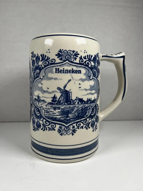 Vintage Heineken Delft Blue Holland Porcelain Beer Stein Mug Windmill Dutch 16oz