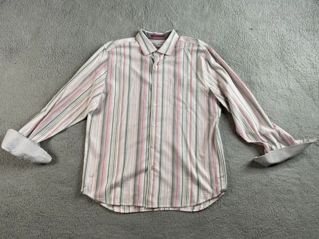 Tommy Bahama Shirt Mens Large White Pink Silk Striped Button Down Flip Cuff