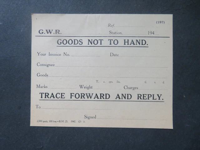 Vintage Unused GWR Goods Not to Hand