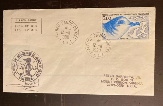 11/12/90 French TAAF Polar Cover Albert Faure Antarctica Signed 107-73