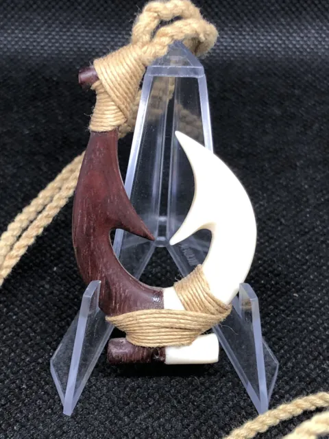 Local Artist Hawaiian Made on Oahu Hand Carved Bone/Teak Fish Hook Necklace