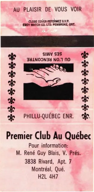 Montreal Quebec Canada Premier Club Au Quebec Vintage Matchbook Cover