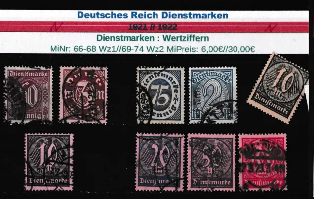 Deutsches Reich Dienstmarken 1921 MiNr: 66-74 gestempelte Ausgaben Wertziffern