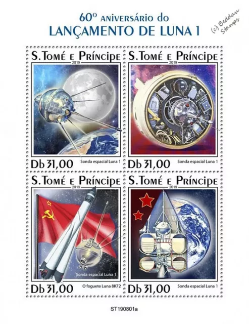 1959 LUNA 1 (Mechta) Russian Moon Spacecraft Space Stamp Sheet (2019 Sao Tome)