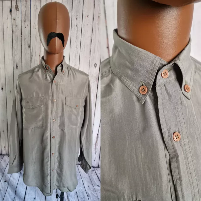 Angelo Litrico Vintage Silk SHIRT -Medium- In Silver 1990s Floaty BV89u