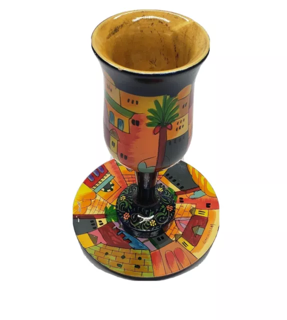 Wooden Judaica Kiddush Cup & Saucer, Beatifull Hand Painted Jerusalem Scene
