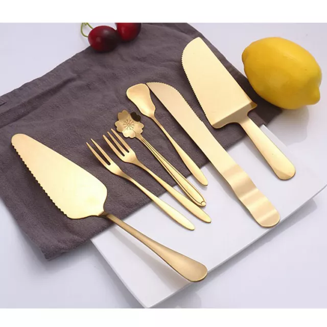 7pc Stainless Steel Gold Cake Knife & Server Set, Baking Tool Dessert Fork Spoon