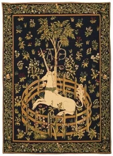 UNICORN IN CAPTIVITY 28" x 20" BELGIAN TAPESTRY WALL HANGING, LINED + ROD SLEEVE