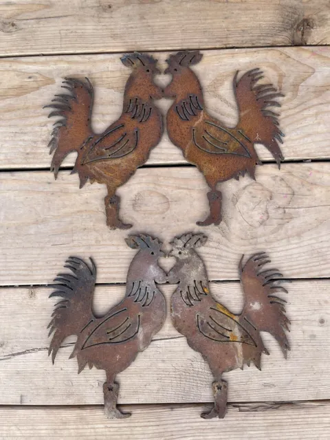 TWO Old Rusty Rusted Metal ROOSTER Signs Western Ranch Patina Barn Chickens Eggs