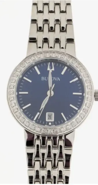 Bulova 96R240 Classic Lady Diamond Blue Date Dial Silver Steel Womens Watch