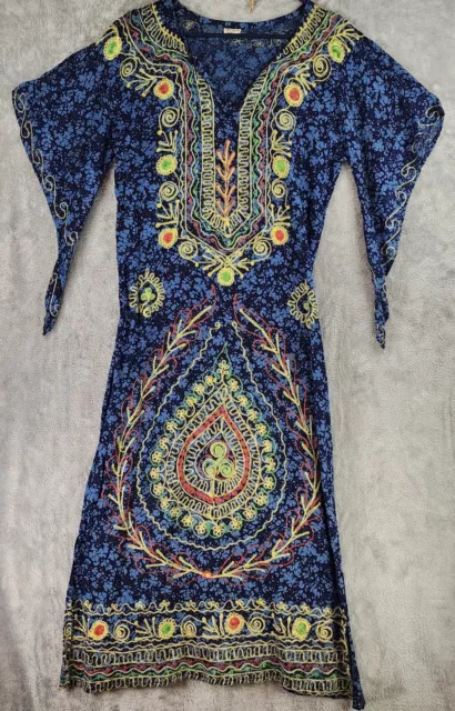 PAKISTAN KAFTAN DRESS Womens Small Blue Yellow Embroidered Boho Hippie ...