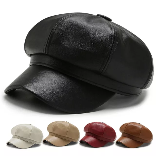 Ladies Womens Girls PU Leather Baker Boy Peaked Cap Beret Newsboy Hat Flat Cap