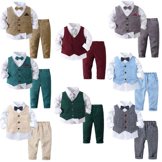 3 Piece Baby Boys Formal Suit Bow Tie Long Sleeve Dress Shirt Tuxedo Vest Pants