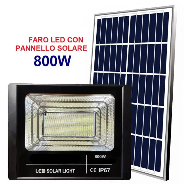 Faro Led 800W Con Pannello Solare Crepuscolare IP67 Luce Bianca