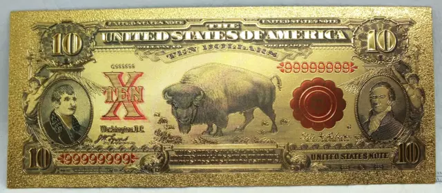 1901 $10 Bison Buffalo Novelty 24K Gold Foil Plated Note Bill 6" Currency GFN20