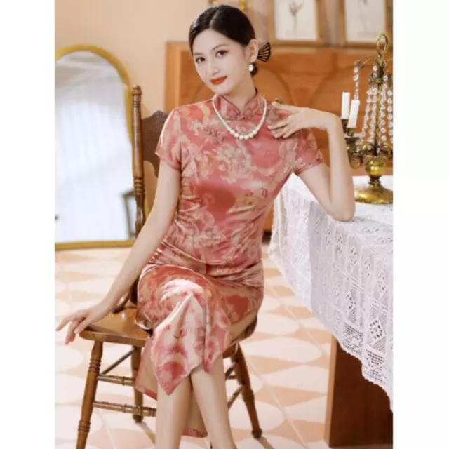 Women Satin Qipao Dress Short Sleeve Chinese Traditional Cheongsam Evening