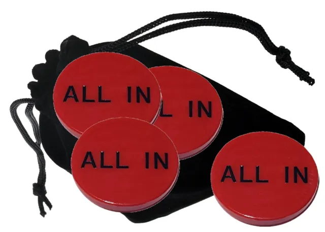 Lot (4) Texas Hold'em Poker 2" All in Buttons 2-Sided Red, Black Letters + Pouch