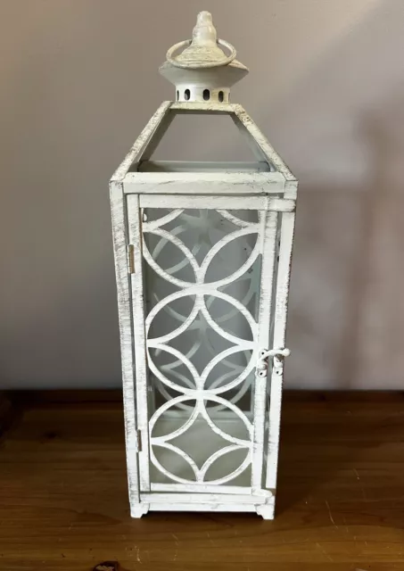 White Wash Rustic Metal Farmhouse Candle Lantern w/Glass 19”x6” Shabby Chic New