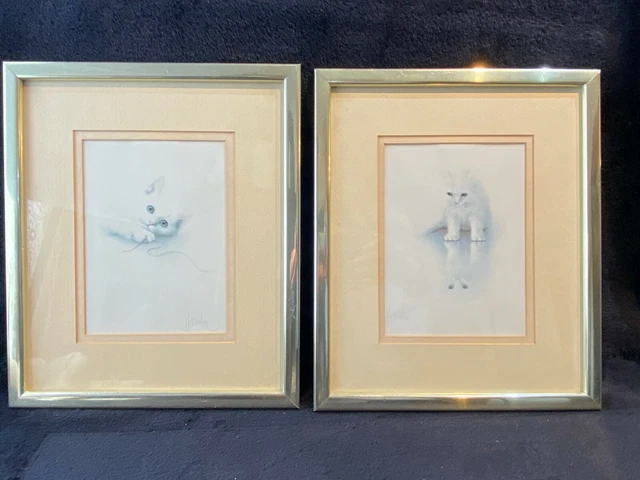 2 x White Kitten framed Prints - Reflection & Playmate - Bob Harrison