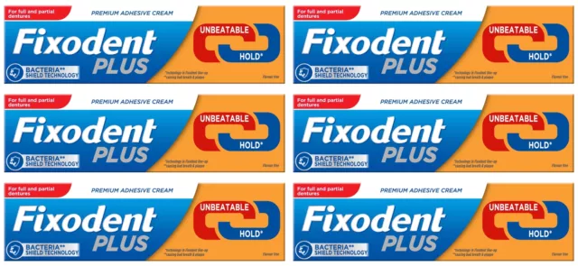 6 x Fixodent Plus Dual Power Best Hold 40g Prothese Premium selbstklebende Creme stark