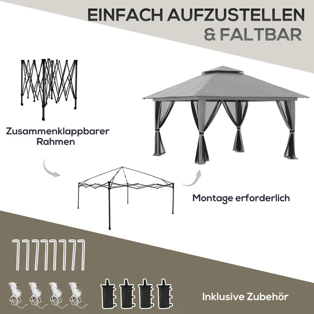 Outsunny Faltpavillon 4 x 4 m, Gartenpavillon mit 4 Netzwänden, UV-Schutz Grau 6