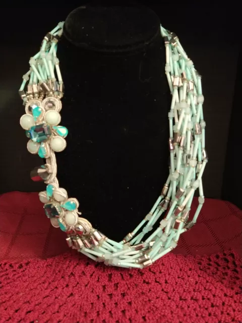 Rhinestone Beaded Necklace Crossed by Gypsy Soule Sea Foam Green New