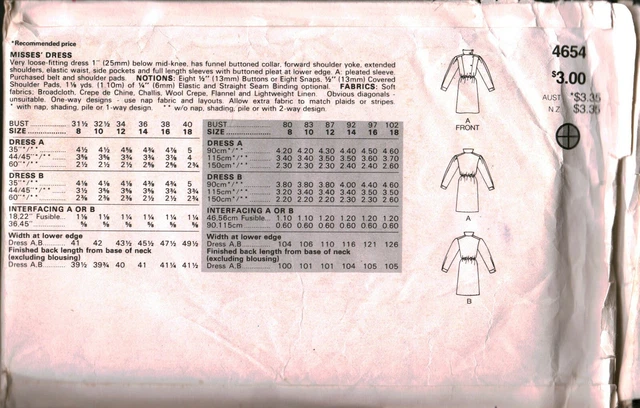 4654 Vintage Butterick SEWING Pattern Misses Very Loose Fitting Dress UNCUT OOP 2