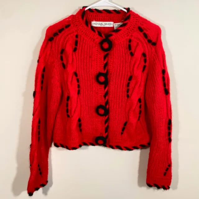 Michael Simon Red Black Knit Christmas Holiday Sweater Cardigan Womens One Size