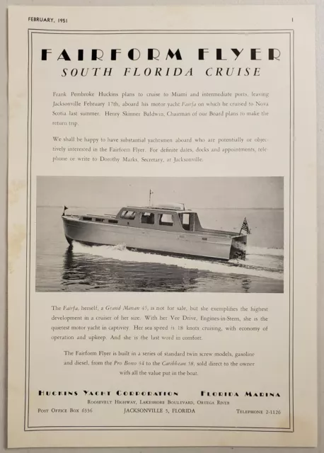 1951 Print Ad Huckins Yacht Fairform Flyer Grand Manan 45 Boat Jacksonville,FL