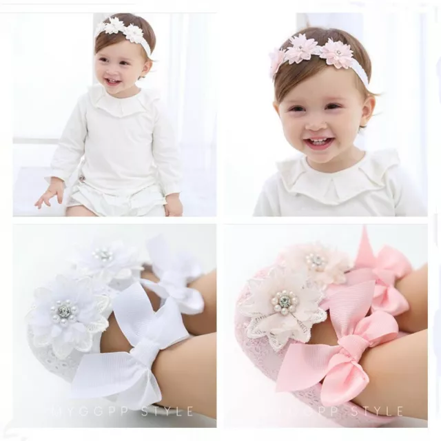 Scarpe Pram perla neonata bambina neonata principessa abito scarpe + fascia