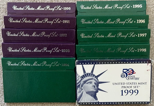 1990-1999 US Mint Proof Sets - Full 90s Collection - 10 sets in original boxes