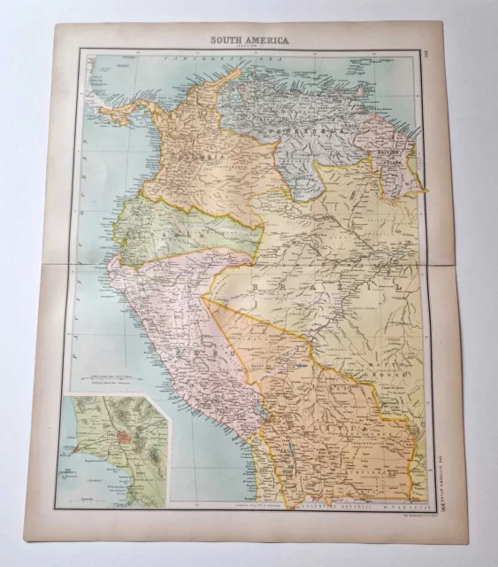 JOHN BARTHOLOMEW Original 1899 Colour Map of South America (1 - Peru, Ecuador, e