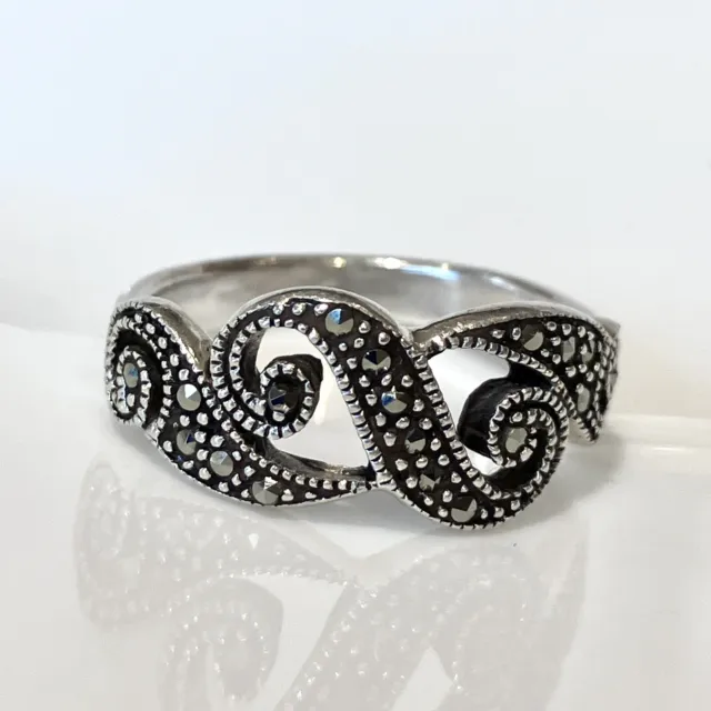 Vintage 925 Sterling Silver Marcasite Art Deco Style Dress Ring Size L