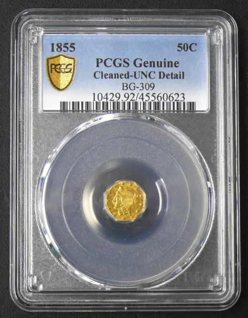 1855 CALIFORNIA GOLD FIFTY CENT (50c) PIECE  BG-309 UNC DETAILS PCGS GRADED