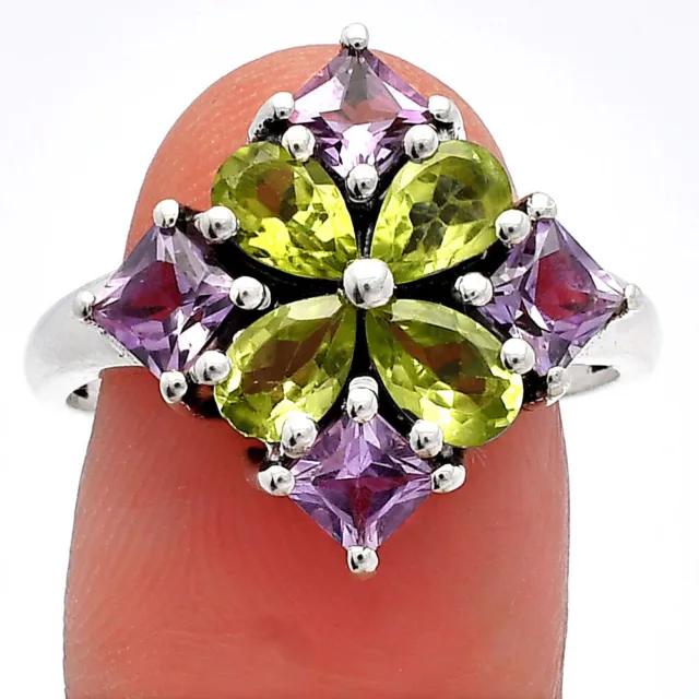 Natural Peridot & Amethyst 925 Sterling Silver Ring s.6 Jewelry R-1021