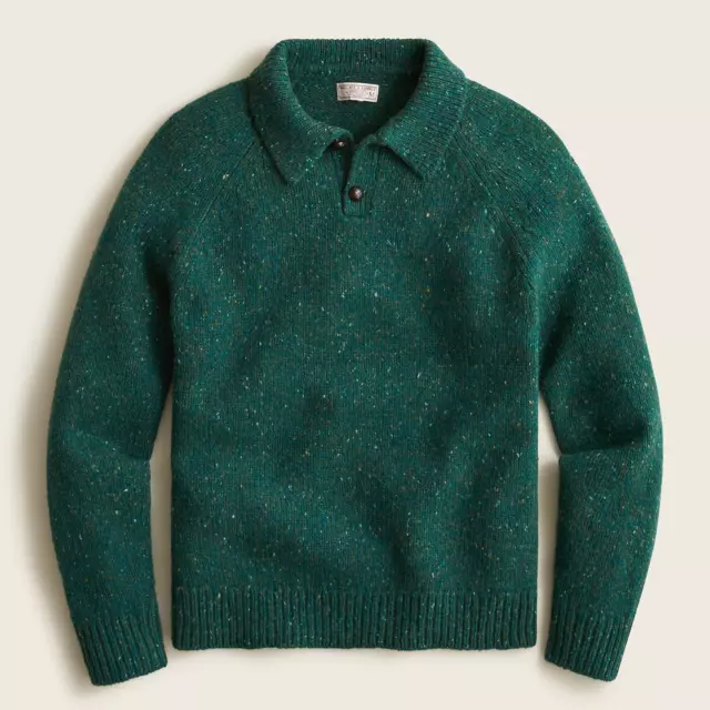 NWT Wallace Barnes J Crew 100% Merino Wool Green Irish Donegal Collared Sweater