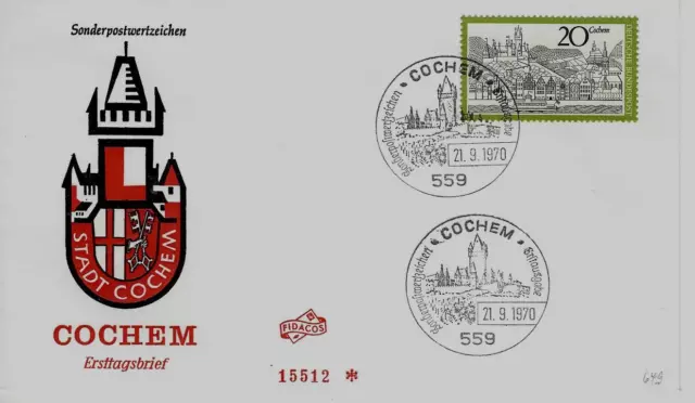 BRD FDC MiNr 649 (1Pa) Fremdenverkehr (III): Cochem an der Mosel -Burg-Weinanbau