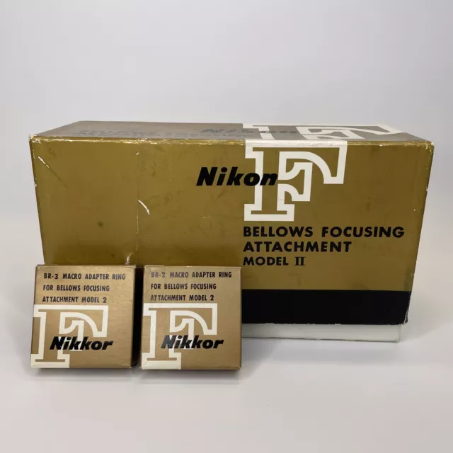 Nikon F Bellows Focusing Attachment MODEL ii + BR-2, BR-3 Macro Adapter Ring NOS