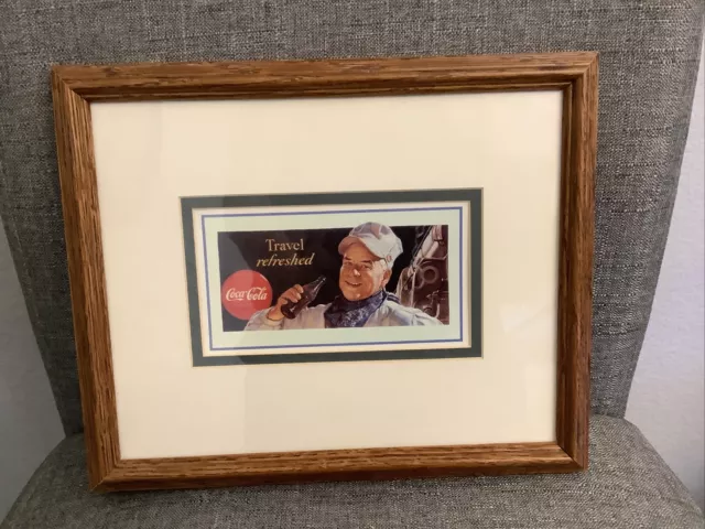 COCA COLA TRAIN CONDUCTOR  MATTED GLASS WOOD FRAMED PICTURE 9x11-EXCELLENT!