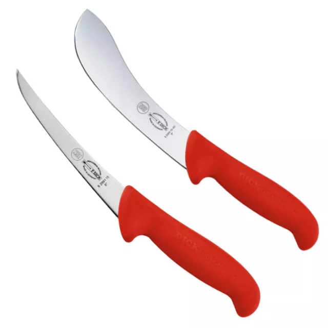F Dick 15cm 6” ErgoGrip Butchers 8226415 & 8299115 Skinning Boning Knife Set Red