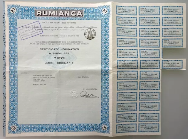 10 Azioni Da 1000 Lire Rumianca Torino Certificato Nominativo 29/09/1964 Spl