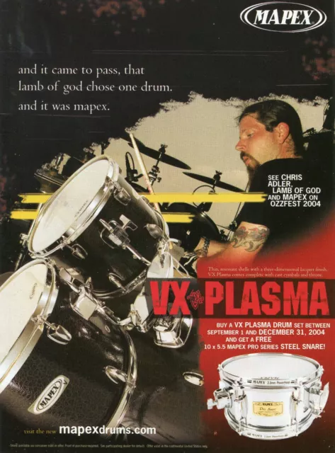 2004 Print Ad of Mapex VX Plasma Drum Kit Pro Snare w Chris Adler of Lamb Of God
