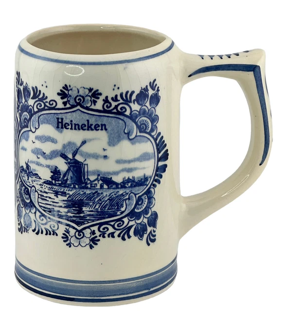 Vintage Heineken Delft Blue Holland Porcelain Beer Stein Mug Windmill Dutch 16oz