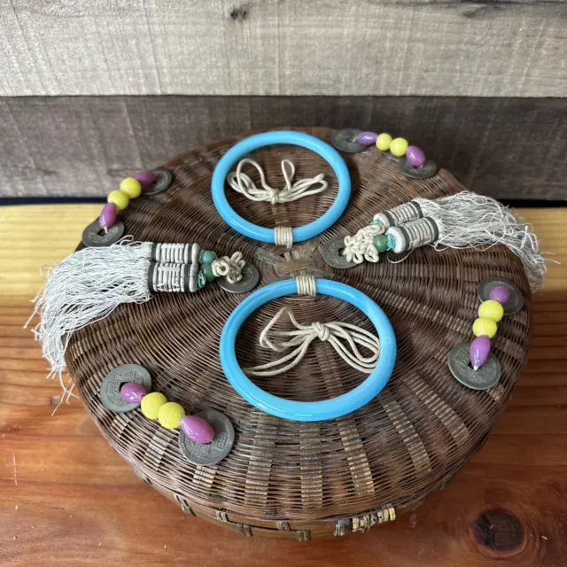 Vintage Chinese Wicker Bamboo Round Sewing Basket Glass Beads 10”